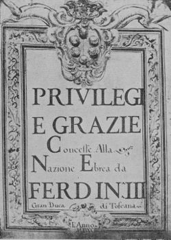 Immagine storica delle Livornine — le leggi del Granduca di Toscana che nel 1591-93 invitarono gli ebrei a Livorno